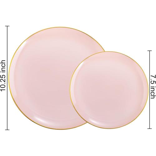 PULOTE 100PCS Pink Plastic Plates - Heavy Duty Pink and Gold Disposable for Party, Wedding, Valentines & Galentines Day, Include 50 Each (Dinner & Dessert) Plates