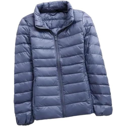 Women Autumn Winter Ultra Light Down Jacket Portable Warm Puffer Jacket White Duck Down Coat Stand Collar Haze Blue XL