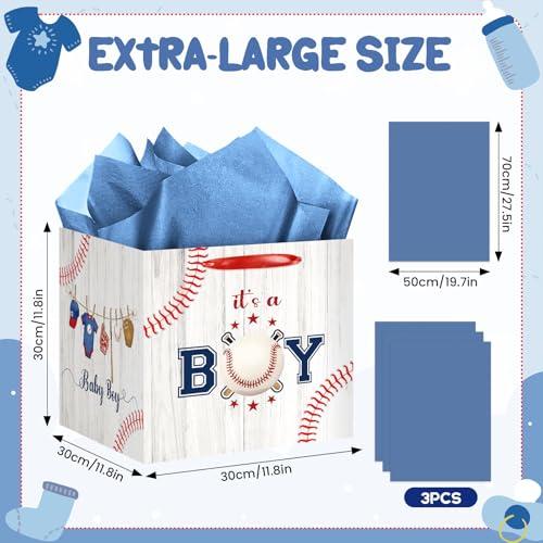 Frakron 12 Extra Large Baseball Baby Shower Gifts Bag with 3 Blue Tissue Paper Vintage Sports Theme Square Birthday Present Wrapping Bag for Boys Newborn Gender Reveal Party Decorations Supplies