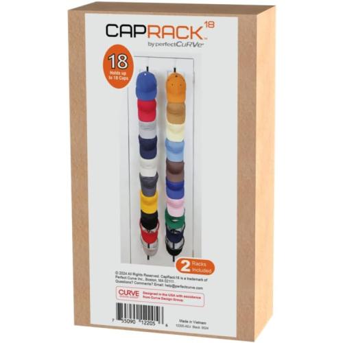 Perfect Curve CapRack | Over-The-Door Hat Organizer for Baseball Caps | 2 Straps, Holds 18-36 Adjustable Caps | Black
