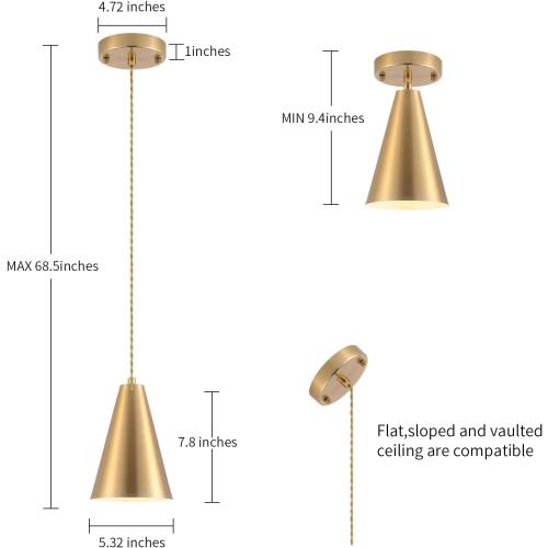 Gold Pendant Lights Kitchen Island,Dining Room Light Fixtures Over Table 3 Pack with Brushed Brass Cone Metal Shade, Modern Farmhouse Mini Chandeliers,Adjustable Cord Hanging Lighting for Bar,Sink