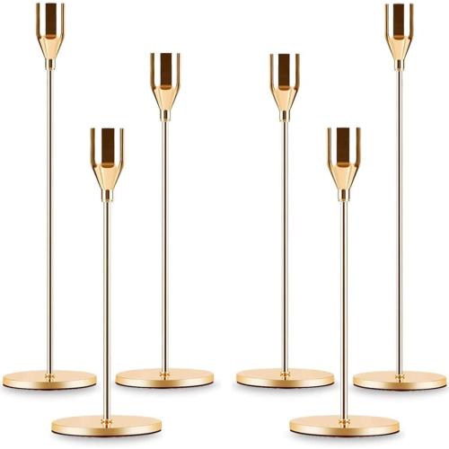 Gold Taper Candle Holder Set of 6, Brass Gold Tall Candlestick Holders, Metal Vintage Candle Stickers Long Holder Set, Pillar Decorative Candle Holder Fits 3/4 Inch Candle