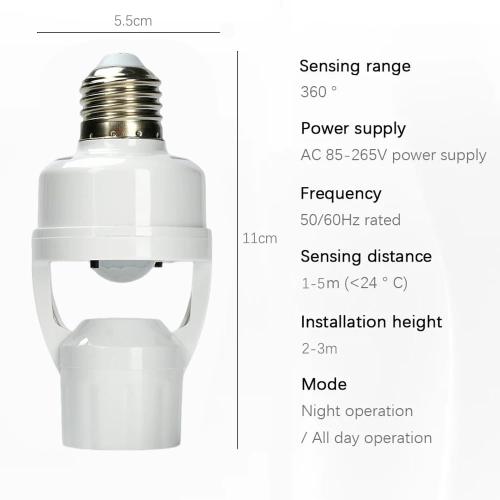 E26/E27 Motion Sensor Light Socket Adapter – Smart Screw-in Bulb Holder with PIR Motion Detection, Automatic On/Off for Garage, Storage Room, Basement & Closet