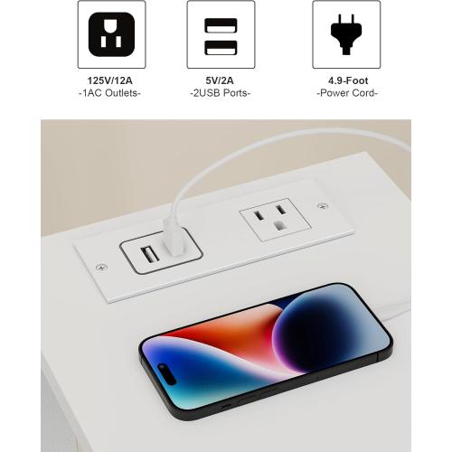 TUTOTAK Small End Table with Charging Station, Narrow Side Table with USB Ports and Outlets, Skinny Sofa Table, Slim Nightstand, Living Room, Bed Room, White TB01BW060