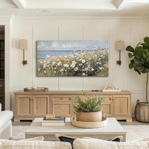 large Canvas Wall Art Coastal Flowers Wall Painting Beach Floral 3d Textured Picture Landscape Wildflowers Artwork Prints Seascape Aesthetic Artwork for Living Room Office Home Decoration 24x48