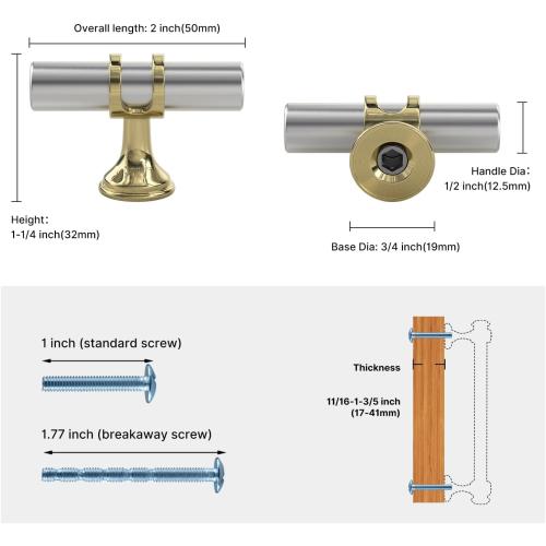 Haliwu 10 Pack Brushed Nickel Cabinet Knobs, Gold Cabinet Knobs Kitchen Handles Gold Kitchen Hardware, Single Hole Pulls T Bar Pulls