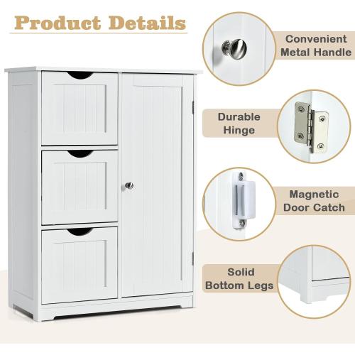 Wooden Freestanding Cabinet w/Adjustable Shelf, 3 Drawers & 1 Door, for Bathroom, Living Room, Entryway & Kitchen