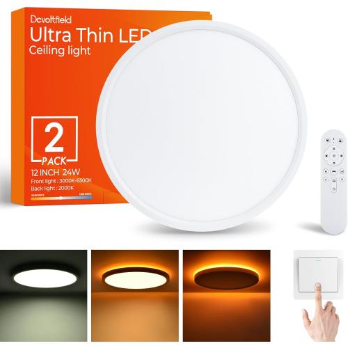 2Pack 12 Inch LED Flush Mount Ceiling Light Fixture with Remote Control, Dimmable 2000K Warm Night Light for Bedroom, 24W 3000K-6500K Color Adjustable Hardwire Lamp for Hallway, Memory Function, White