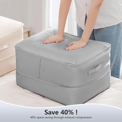 Comforter Self Compression Storage Bags, Large Capacity Blanket Storage Bags with Zipper 3-Layer Ultra Space Saving Organizer, Washable Bags, Grey