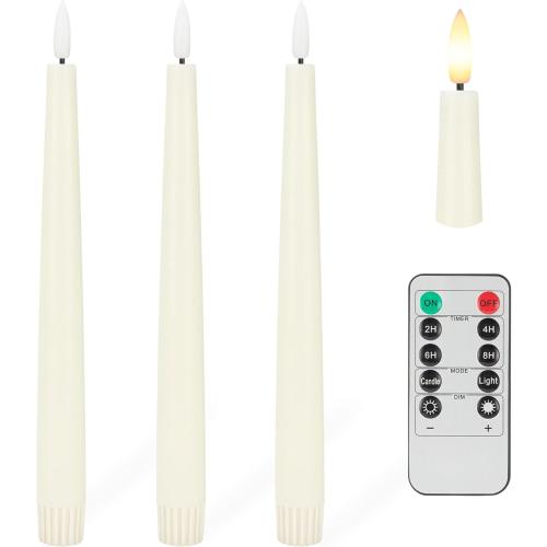 Flameless Taper Candles with 3D Wick, 9.6 Real Wax LED Candles with Remote and Timer, 3 Pack Flickering Candlesticks Battery Operated, Classic Tall Taper Candles for Home, Wedding, Party, Ivory