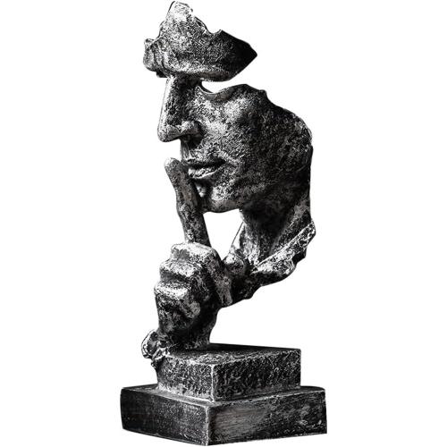 Silence is a Golden Statue Modern Mens Creative Office Home Room Decorations Sculpture Friends Bookshelf Decorative 4.7 x 4.3 x 13.18in(Silver) Modern Home Décor