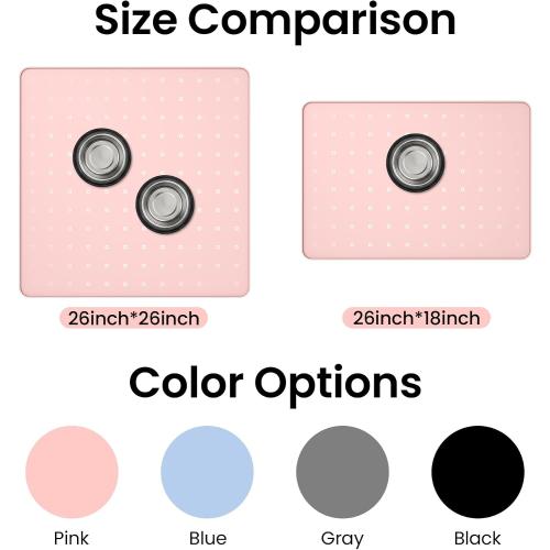 2 pack Silicone Pet Feeding Mat, 26x26 Inch Waterproof Dog Bowl Mat – Non-Slip, Machine Washable, Thin 0.23 Inch Edge for Messy Eaters, Protects Hardwood & Tile Floors, Pink