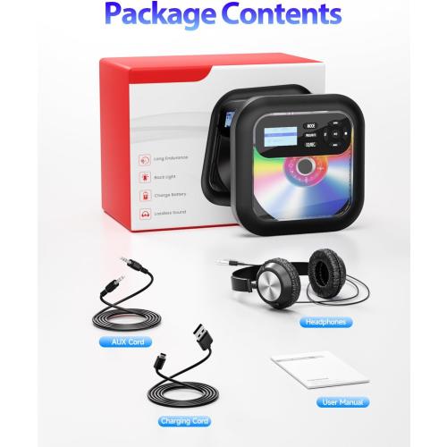 Portable-CD-Player with Bluetooth - Rechargeable with FM Transmitter, Dual Speakers, Headphones and AUX Use for Car Travel Home