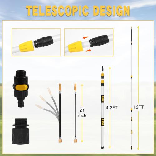 Telescoping Gutter Cleaning Wand 12 Foot Gutter Cleaner Tools from the Ground Telescoping Rain Gutter Cleaning Tool Aluminum Wand Garden Hose Attachment and Connection adapter (Long)