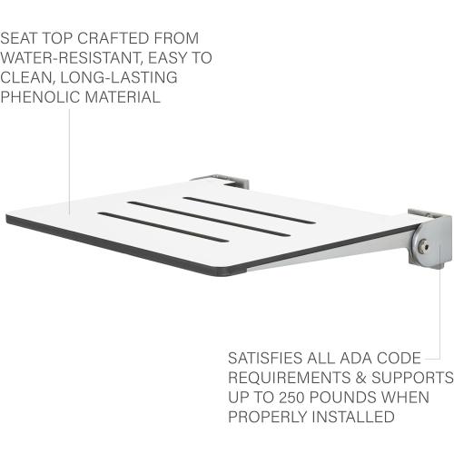 Seachrome 18 inch Silhouette Slimline Folding Wall Mount Shower Bench Seat, White Seat with White Frame