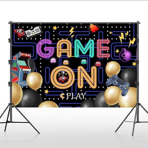 Lofaris Game On Backdrop Video Game for Boys Birthday Photography Background Colorful Lights Party Supplies Kids Adults Gaming Party Decorations Baby Shower Cake Table Photo Booth 9x6ft