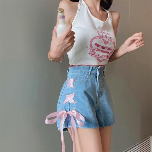 Size M...Y2K Clothes Casual High Waisted Wide Leg A-Line Vintage Pink Ribbon Trim Denim Shorts for Women