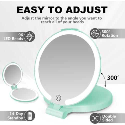 6.3 Inch Rechargeable Folding 10x Magnification Double Sided Makeup Mirror with Lights, Portable Travel Mirror for Women with Nearsightedness | Travel Essentials for Women