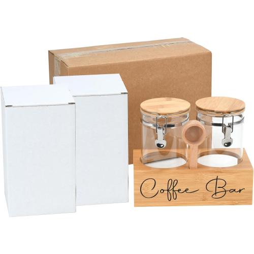 Glass Coffee Canister Set with Bamboo Shelf & Spoon - 2 Airtight Containers (47oz Each) for Coffee Beans, Ground Coffee, Sugar, Flour - Borosilicate Glass & Bamboo Lid with Silicone Seal