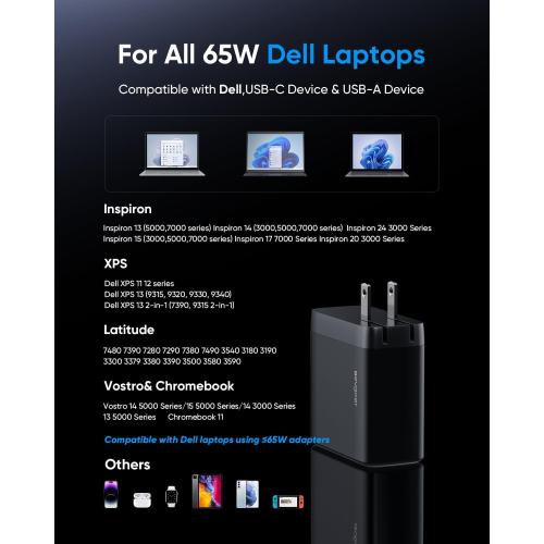 65W Dell Charger for Laptop, Dell Computer Charger USB-C for XPS, Inspiron, Latitude and Vostro Models, Power Cord 4.5 * 3.0 mm and 7.5 * 3.0 mm Compatible with Both 65W 45W (Foldable AC Plug)