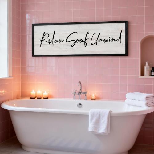 Relax Soak Unwind Wooden Sign Framed Wall Art, 32''×12'' Rustic Horizontal Motivational Bathroom Quote Wood Plaque, Farmhouse Long Inspirational Shower Room Saying Wood Sign Wall Decor for Bathhouse Wash Room