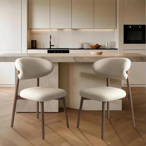 Upholstered Dining Chairs Set of 2,Mid Century Modern Kitchen Chairs with Back and Wood Frame,Faux Leather Dinner Chairs (Light Khaki   Light Walnut Legs, Set of 2)