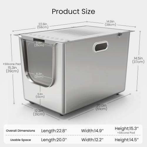 Stainless Steel Litter Box with Lid, Cat Litter Box with Door 14.5'' High Sides, XL Metal Kitty Litter Pan, Pet Toilet with Wheels for Easy Mobility, Anti-Leakage, Non-Sticky, Easy Clean