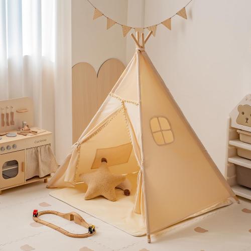 Kids Teepee Tent with Mat & LED Lights - Indoor Outdoor Playhouse for Ages 3-8, Foldable Hut with Storage Bag & Window, Montessori Play Tent for Bedroom/Backyard (Beige)