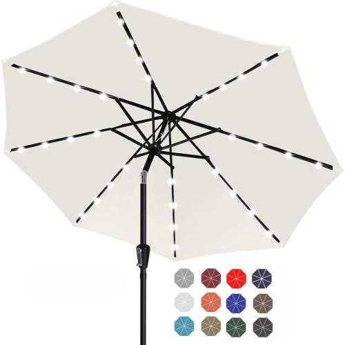 ABCCANOPY Durable Solar Led Patio Umbrellas with 32LED Lights 9FT (Light Beige) | Fade & UV Resistant Fabric,8 Heavy-Duty Ribs,Waterproof，Wind Vent Top,Crank & 45° Tilt,Ideal for Patio,Backyard,Garden