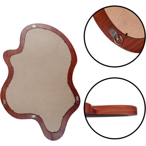 32x 21 Irregular Wall Mirror, Walnut Wooden Framed Asymmetrical Wall Mirror for Living Room Bedroom Entryway Bathroom Modern Decorative Hanging Hooks