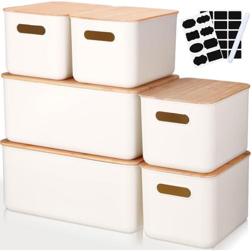 Suzile 6 Packs Plastic Storage Bins with Bamboo Lids Christmas Stackable Storage Containers for Xmas Decoration Ornaments Document Paper Organizing, with Labels and Marker(Multiple Size)