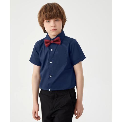Size S....Boys Short Sleeve Dress Shirts Solid Poplin Soft Stretch Fabrics with Two Bow Tie Set