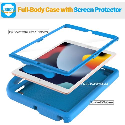 SUPLIK Kids Case for iPad 9th/8th/7th Generation - iPad 10.2 inch 2021/2020/2019 Case with Built-in Screen Protector, Durable Shockproof Handle Stand Kids Cover for Apple iPad 7/8/9 Gen, Blue
