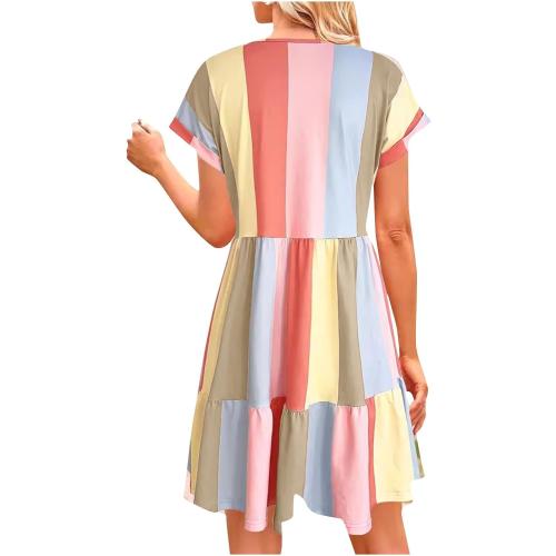 Size XL Color multi Womens Summer Multicolor V Neck Short Sleeves Casual Babydoll Knee-Length Dress Color Block Stripes Tiered Swing Mini Dresses