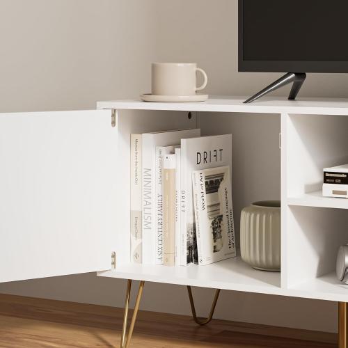 Apetaccat TV Stand for 55-65 Inch TV, Entertainment Center with Soft Hinge Door,TV Console Table with 2 Cabinets with Gold Handle and Feet,for Living Room, Bedroom, White