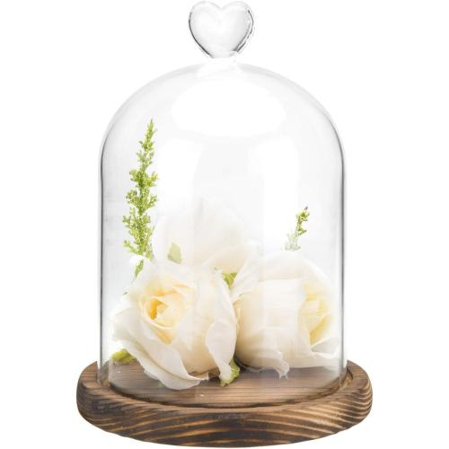 MyGift 6 Inch Small Clear Glass Cloche Bell Jar Display Case with Heart Top Handle and Dark Brown Wooden Base (5.6 x 7.6)