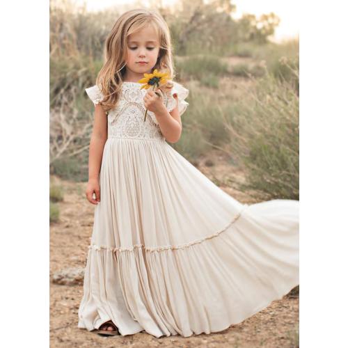 White Boho Toddler Flower Girls Dresses for Wedding Lace Embroidery Bridesmaid Dresses Long Chiffon Party Dresses PT126