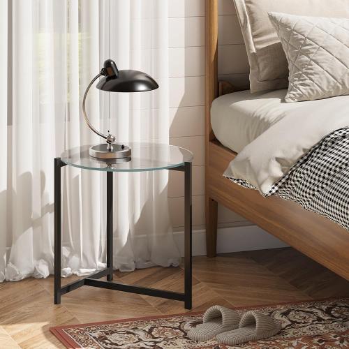 16 Inch Round Glass Coffee Table, Tempered Clear Glass Top with Sturdy Black Metal Frame, Easy Assembly Modern Side Table/End Table for Living Room, Bedroom, Office