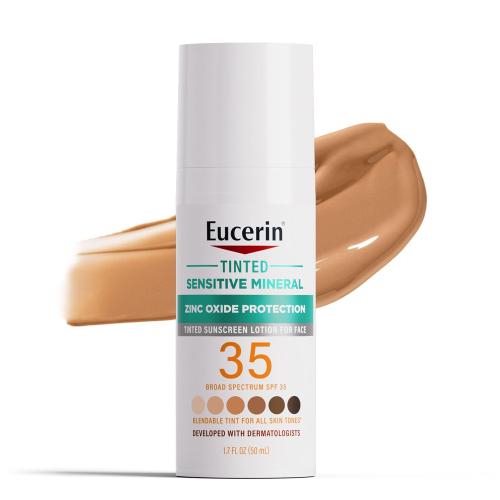 1.7oz Eucerin Sun Tinted Sensitive Mineral Face Sunscreen Lotion SPF 35, Non-Comedogenic Mineral Sunscreen with Gentle Zinc Oxide Protection for Sensitive Skin, 1.7 Fl Oz Bottle
