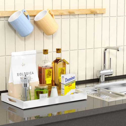 NIUBEE Acrylic Serving Tray 12x20 Inches -Spill Proof- White Decorative Tray Organiser for Ottoman Coffee Table Countertop with Handles