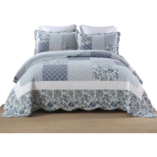 Cotton Bedspread Quilt Bedding Sets 3 Pieces Reversible Coverlet Sets Comforters Vintage Floral Patchwork Blue Bedspread (Blue Vintage Floral, Queen Size)