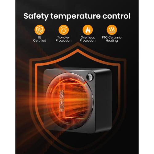 Gaiatop Mini Space Heater, Lightweight PTC Ceramic Fast Heating 500W Energy Efficient for Indoor Use, Overheating & 45° Tip-Over Protection, Portable Desk Electric Heaters for Office Home Black