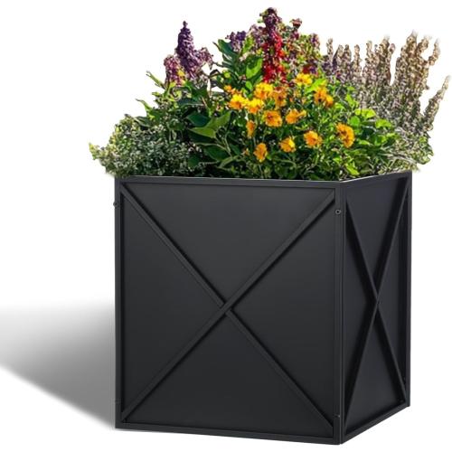 SUNNYPARK Large Metal Planter Box 17”x 17”x 18”, Square Modern Black Metal Planter Box Heavy Duty with Drainage Holes for Outdoor Garden Patio