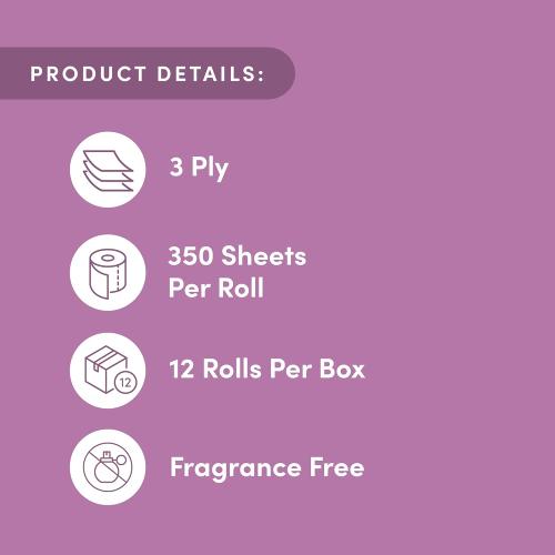 Amazon Aware 3-ply Bamboo Toilet Paper, Unscented, 12 Rolls, 350 Sheets per roll, Total 4200 Sheets, Plastic-Free