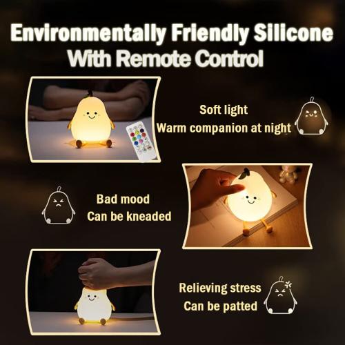 Cute Pear Night Light for Kids, Silicone Fruit Pear Cute Lamp with Remote, Adjustable Brightness NightLight for Bedroom, Rechargeable Soft NightLight for Home Decoration,Valentines Day Gifts for Her