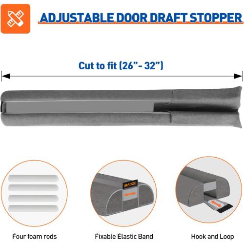 MAGZO Door Draft Stopper, 32 Inch Adjustable Under Door Gap Filler, Fits 26'' - 32'' Bottom Widths, Seals Gaps up to 1.7, Soundproof Sweep Blocks Air, Noise, Light, Dust- Grey