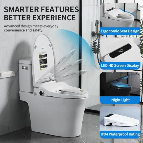 Electric Bidet Toilet Seat Round - Smart Heated Toilet Seat with Remote Control, Instant Warm Water, Self-Cleaning Nozzle, Warm Air Dryer, Feminine Wash, Soft Close, LED Display