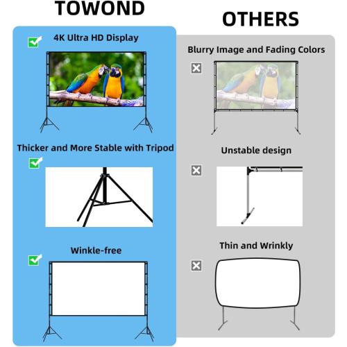 Projector Screen and Stand, Towond 120 inch Portable Projector Screen Indoor Outdoor Movie Screen 16:9 4K HD Wrinkle-Free Lightweight Projection Screen with Carry Bag for Backyard Movie Night