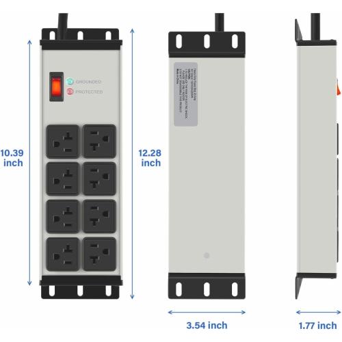 CCCEI Heavy Duty Power Strip Surge Protector 20 AMP, 8 Outlets 12 Gauge Industrial Shop Garage Metal Multiple Outlets, 6 FT Extension Cord 5-15P Adapter High Amp 6-20R T-Slot 20a for Appliance