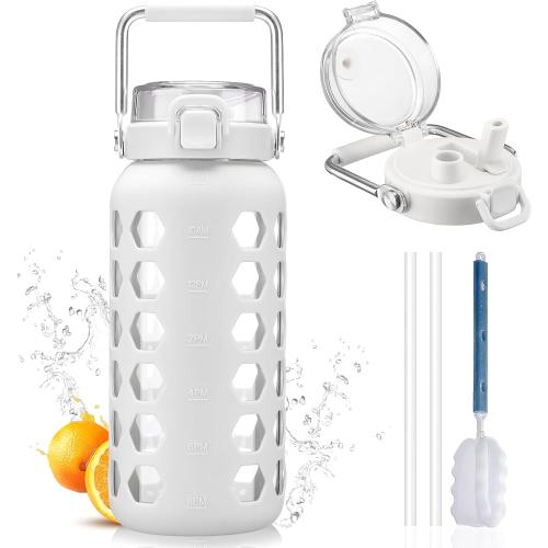 MUKOKO 64oz Glass Water Bottles with Straw and Lid,Half Gallon Water Bottle with Time Marker,Large Glass Water Jug with Silicone Sleeve and Stainless Steel Handle-White